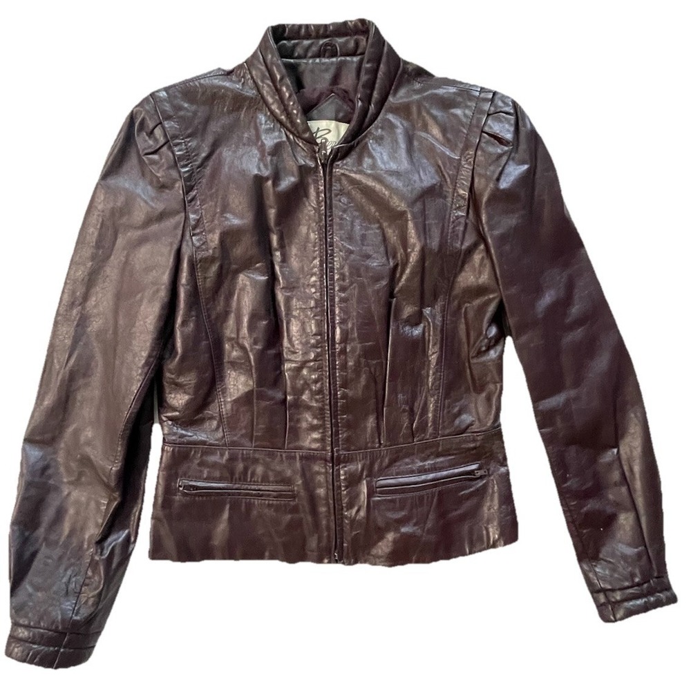 Vintage Berman's Maroon Leather Jacket Women's Sz 12 M/L Puff Shoulder Fitted - Picture 2 of 11
